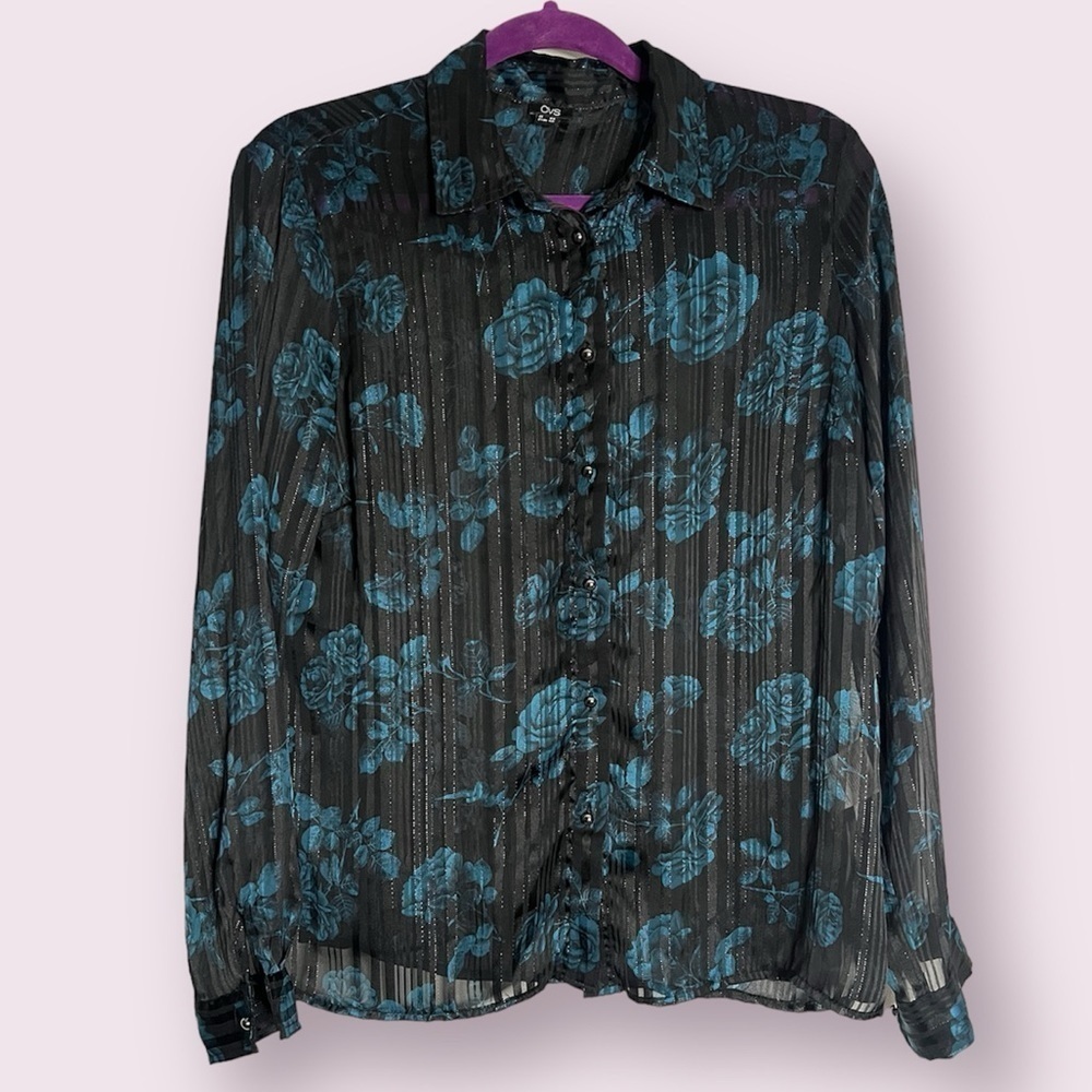 OVS Sheer Black and Blue Floral Blouse Large